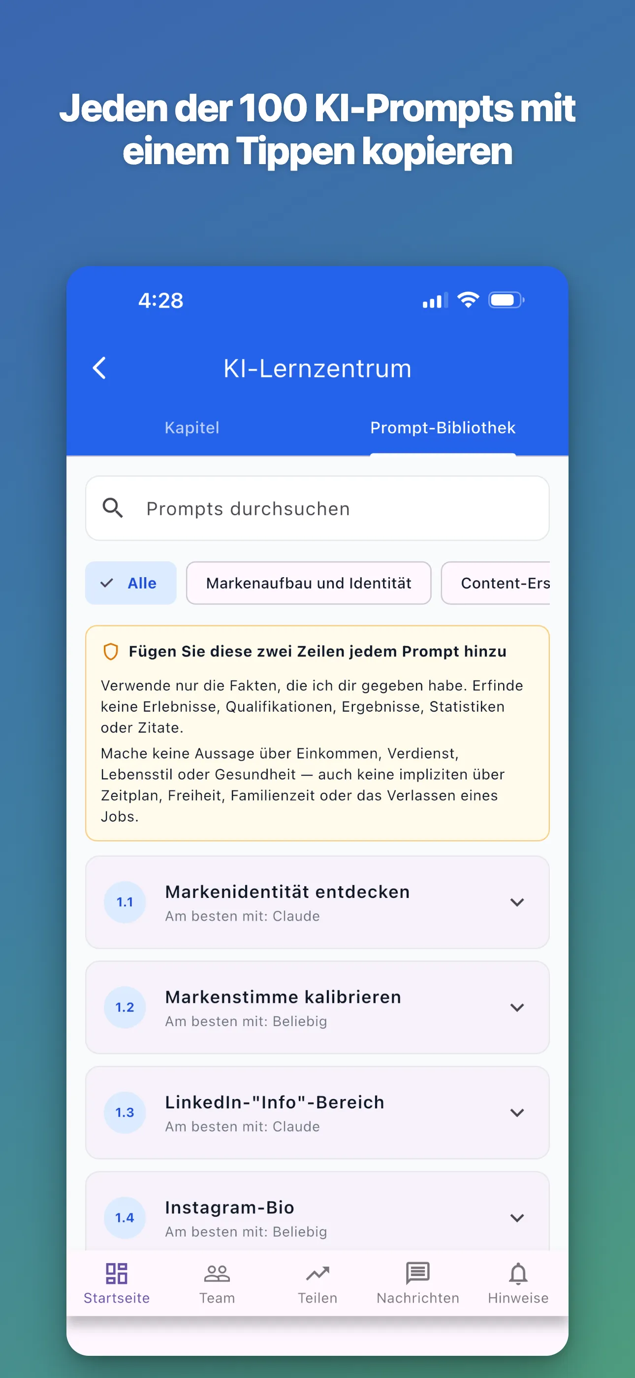 Prompt-Bibliothek — 100 KI-Prompts, mit einem Tippen kopiert